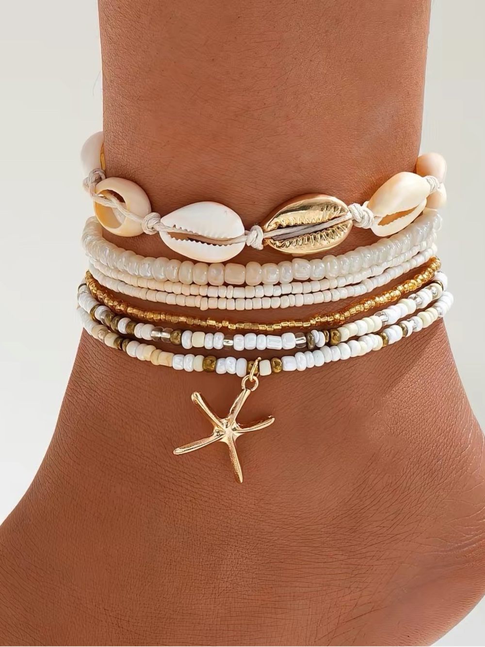 Gold & White Shell Beaded Anklet Set with Starfish Charm